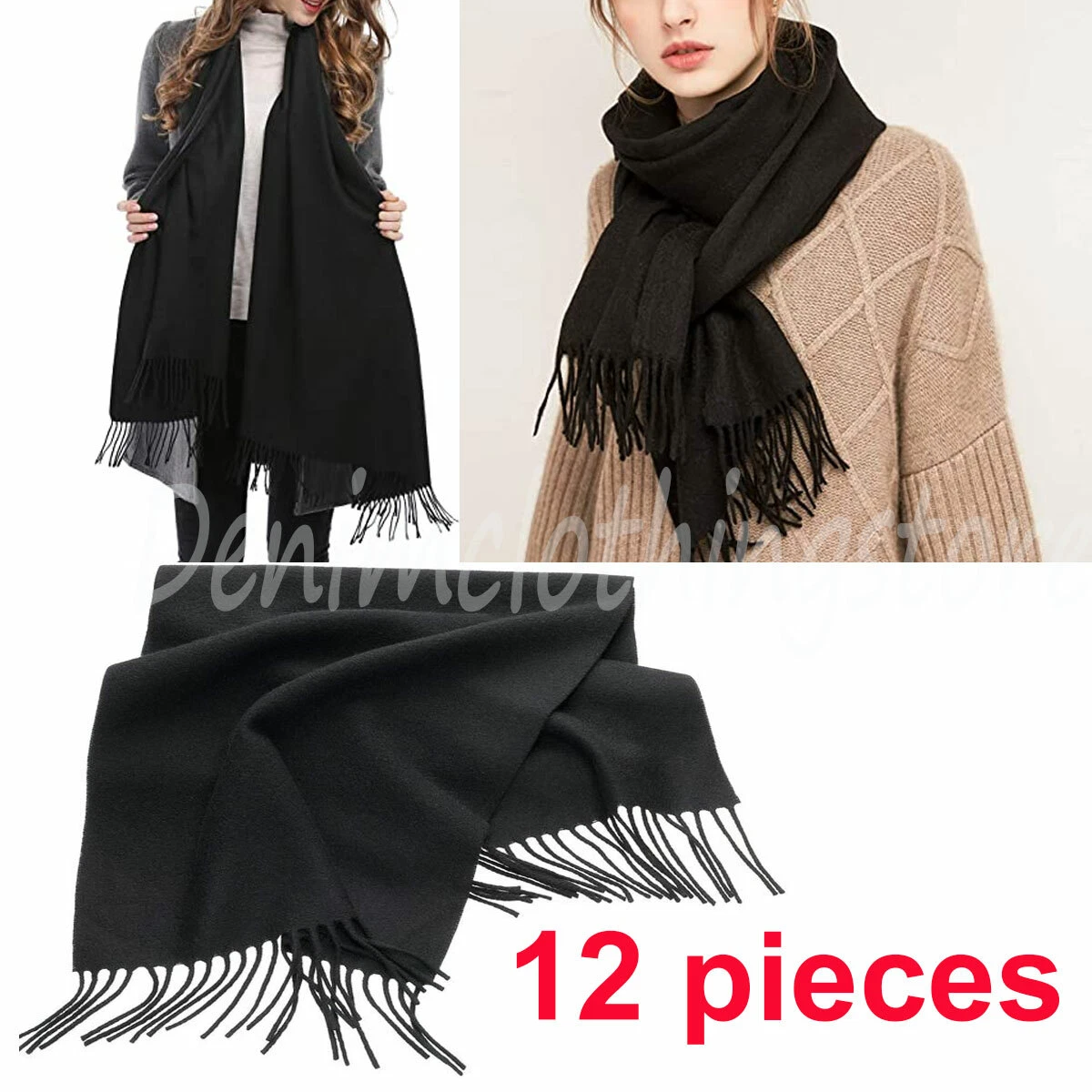12 PC Solid Black Fleece Soft Warm Winter Scarf Thick Shawl Wrap Wholesale Lot