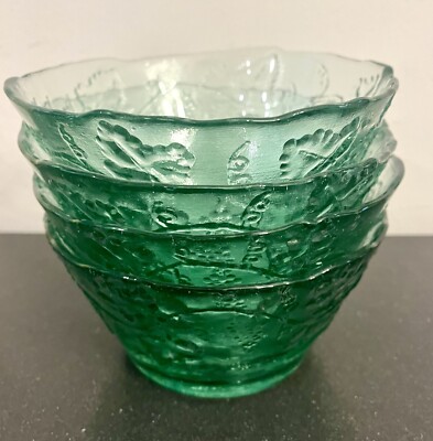 Vtg Set-4 Heavy Green Glass Salad Or Serving Bowl With Grapevine/Vine  Design