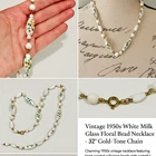 Vintage 1950s White Milk Glass Floral Bead Necklace – 32” Gold-Tone Chain