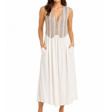 Vintage 90s Linen Rayon Colorblock Maxi Dress Boho Neutral Cottage Patch Pockets