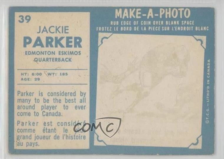 1961 Topps CFL Jackie Parker #39 Rookie RC - Image 2 of 2