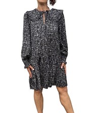 Mango MNG Women's 6 Black Floral Dress Peter Pan Collar Mini Smocked Boho Chic