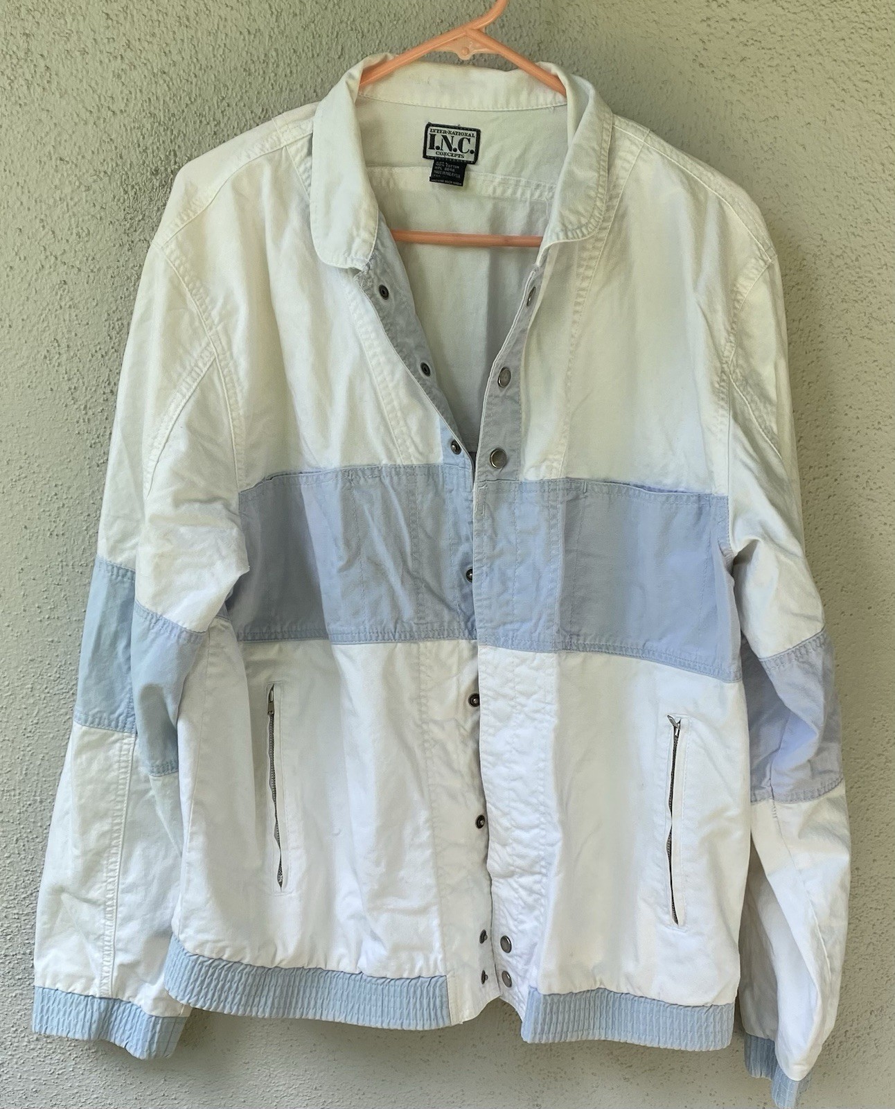 INC International Concepts White Light Blue Zip Snap Button Jacket Men's L Short