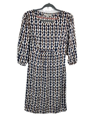 Boden Retro 60s Style Geometric Jersey Dress Blue Brown Mod Aesthetic Size 4L