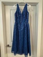 Carmen Marc Valve Infusion Dress Size 12 Formal Cocktail Tea Length Beaded Blue