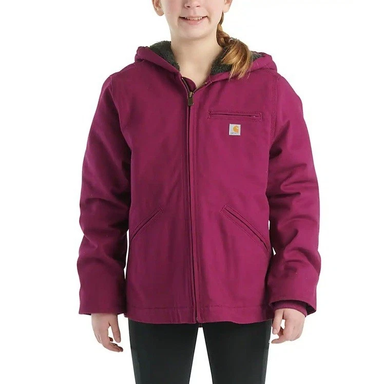 Carhartt Hooded Jacket Kids Size 14 Purple Sherpa Lined Canvas Active Work Coat