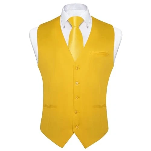  Men's Formal Suit Vest Solid Business Vest Slim Fit V-Neck 3X-Large Yellow - Image 3 of 4