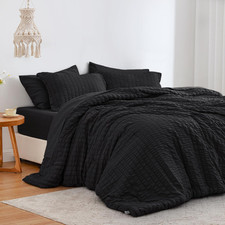 Full Seersucker Comforter Set 7 Piece Bed in a Bag All Season Black Bedding