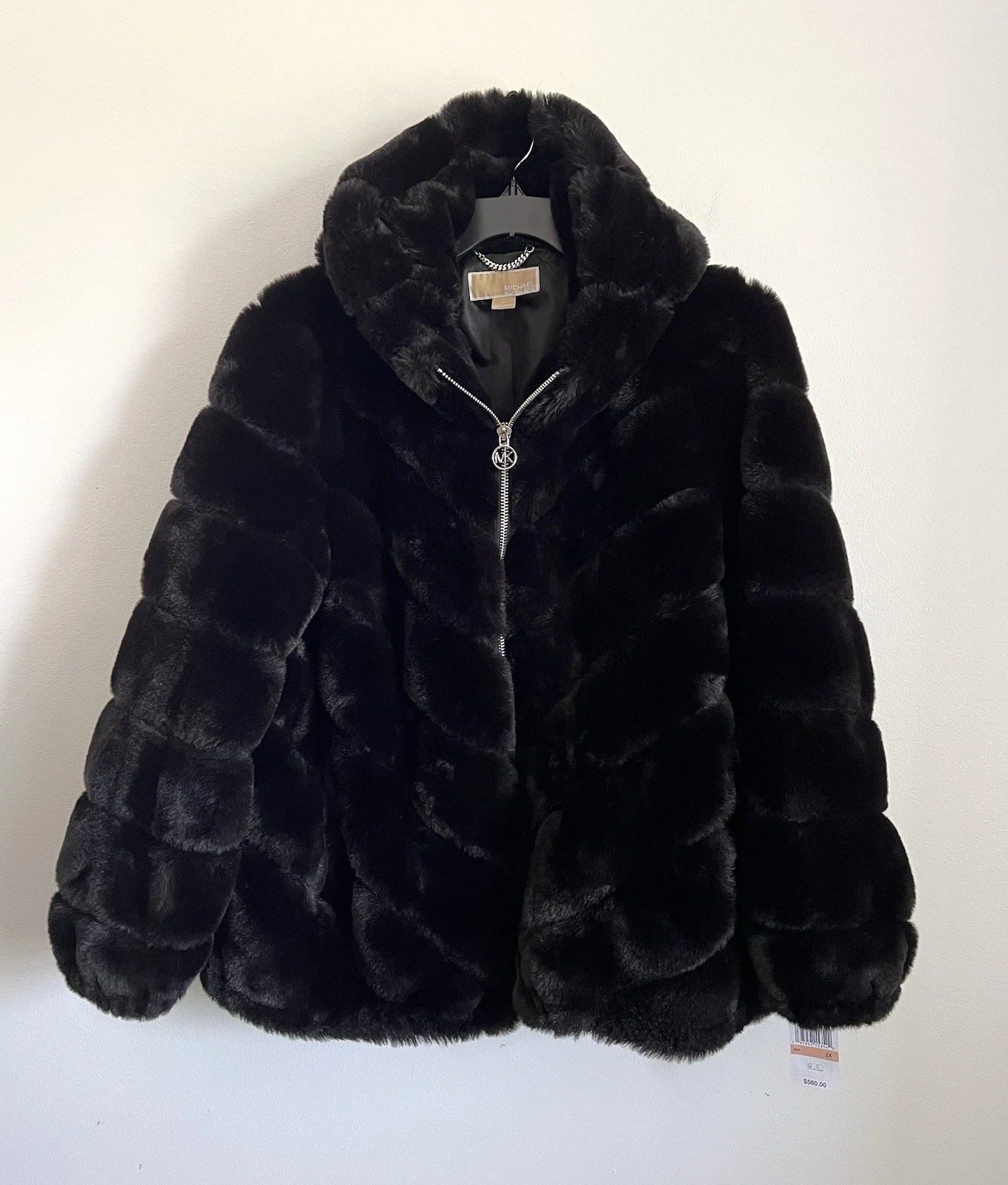 Cappotto pelliccia sintetica con cappuccio Michael Kors taglie forti 2X colore nero $560