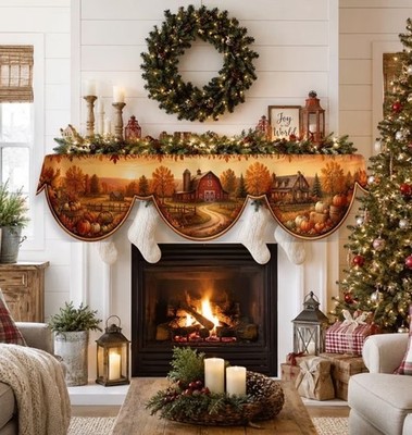 Autumn Harvest Fireplace Mantel Scarf Fall Thanksgiving Farmhouse Pumpkin Decor
