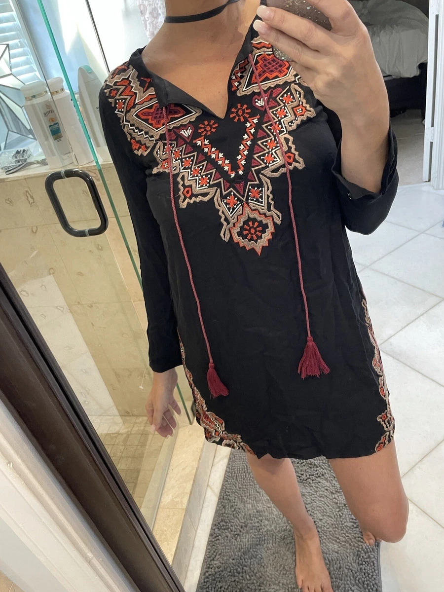 NWT THML Black Embroidered Colorful Floral Shift Dress XS V neck Long Sleeve