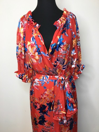 SALONI Floral Print Devore OLIVIA Stretch Silk Blouson Ruffle Dress 10US = 14UK - Picture 5 of 7