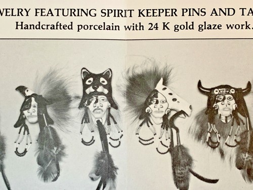 Kathryn Yauney Porcelain Pin Horsehead Native American Face Fur Feather Cherokee - Picture 9 of 9