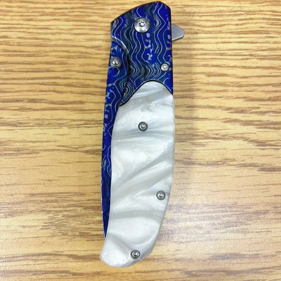 Navaja de Bolsillo Plegable Asistida por Resorte Bule Blanco Mármol Damasco 8" Hoja Abierta Foto 4 de 4