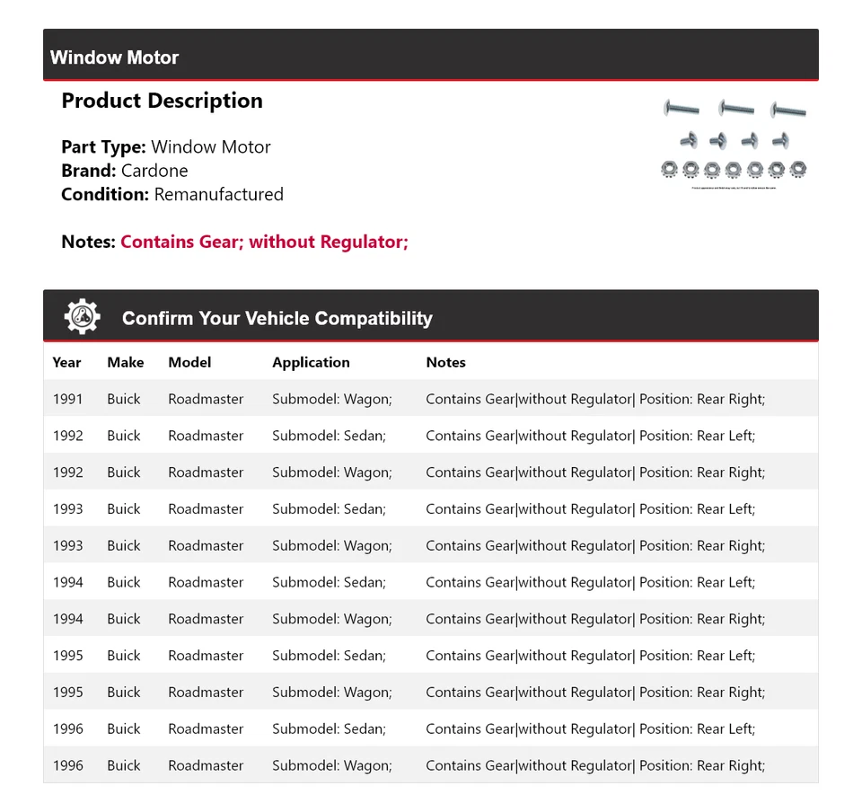 Para Buick Roadmaster 1991-1996 Ventana Motor Cardone 1992 1993 1994 1995 Foto 2 de 3