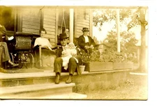 Family on Porch-Dad w/ Baby-Wicker Carriage-Vintage RPPC Real Photo Postcard