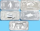 5 x silver bars of 1 gram each: e.g., snake, dolphin, tiger, penguin, shark