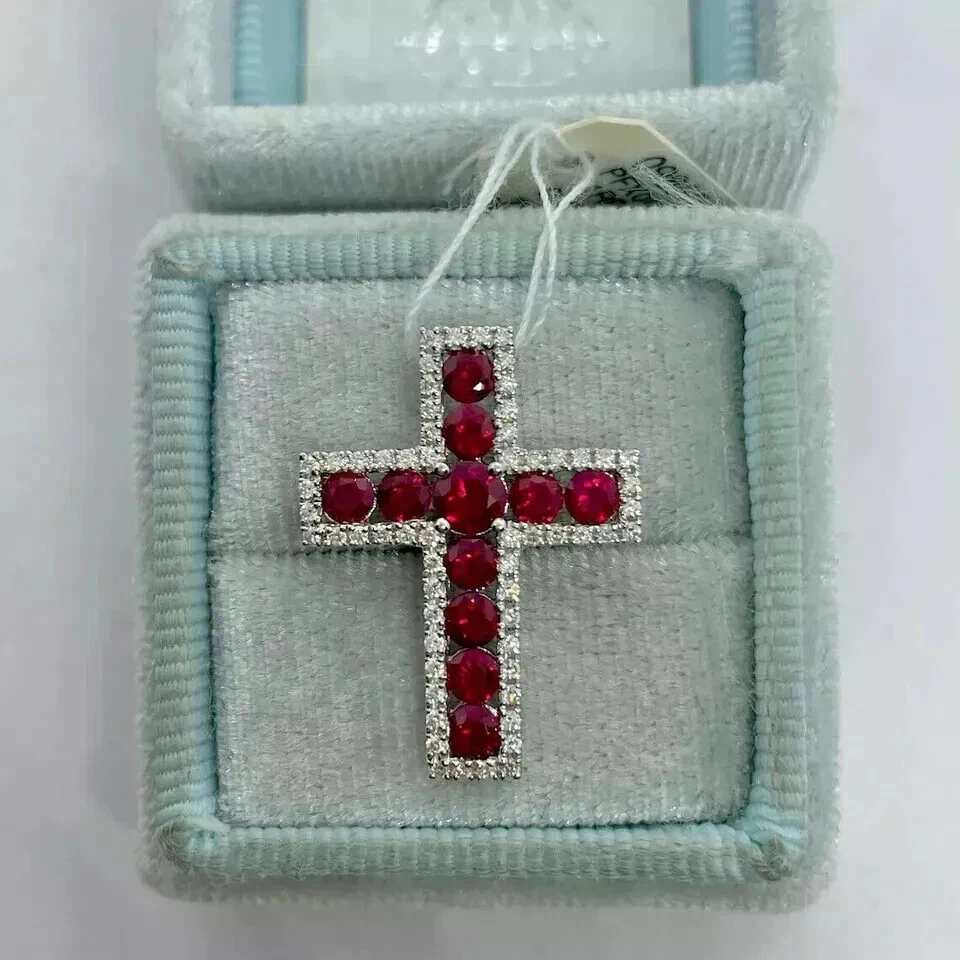 2.5Ct Round Cut Lab Created Red Ruby Cross Wedding Pendant 14K White Gold Plated - Image 4 of 4