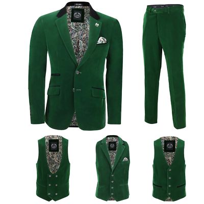 Mens Green Velvet Vintage Piece Suit Blazer Waistcoat Trouser