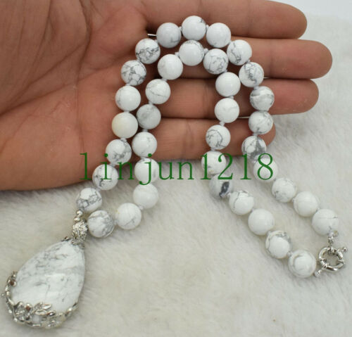 Natural White Turquoise 10MM Real Gemstone Beads Necklace Pendant 18'' AAA - Picture 1 of 12