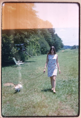1968 Woman Girl Summer Dress Walking Dog Outside Mod Fashion 35mm Film Slide