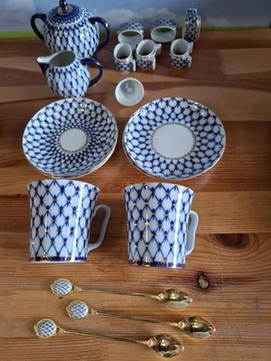 Lomonosov Porzellan Kobaltnetz Becher, Zucker, Milch, Untertassen, Serviettenh. - Bild 1 von 4