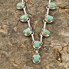 Sterling Silver 925 Turquoise Gemstone Oval Chain Link Necklace 24 1/2"