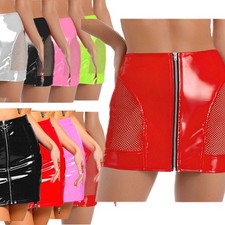 Womens Glossy PU Mini skirt Sheer Mesh Front Zipper High Waist Bodycon Stage