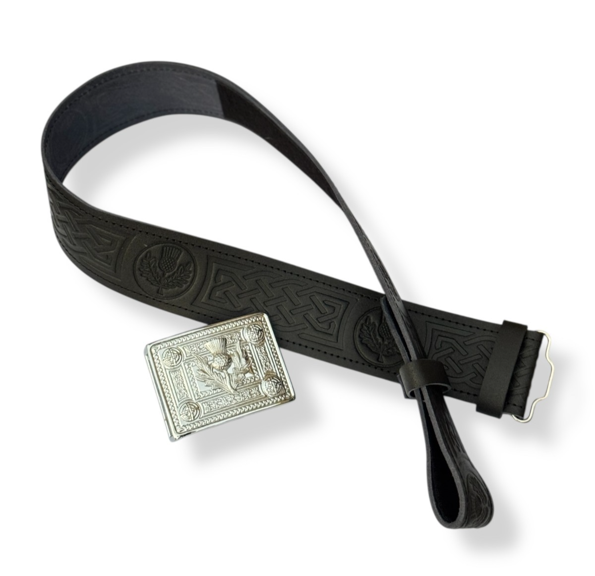 Black Leather Thistle Embossed Kilt Belt Adjustable Size With Kilt Celtic Buckle