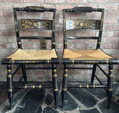 L.Hitchcock~2 SIGNED STENCILED BLACK w RUSH SEATS  SIDE CHAIRS-#1 of 2 pairs