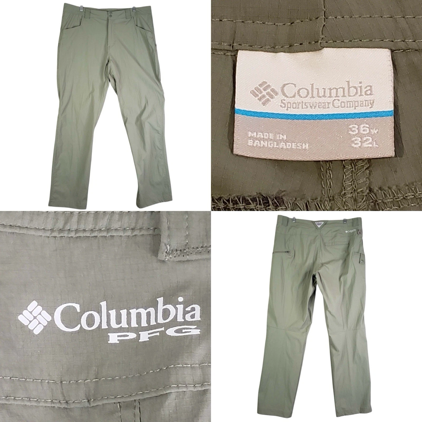 Columbia PFG Pants Mens 36x32 Green Nylon Fishing Quick Dry Zip Pocket Ripstop