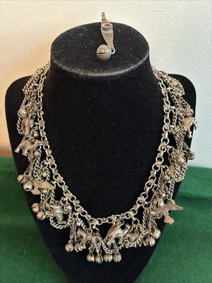 Vintage Silver tone Metal Ethic Tribal Fetish Charm Heavy Necklace Animals Bells