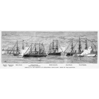 KRIEG IN ÄGYPTEN Ankunft von Khedive in Alexandria; Kriegsschiffgruß - alter Druck 1882