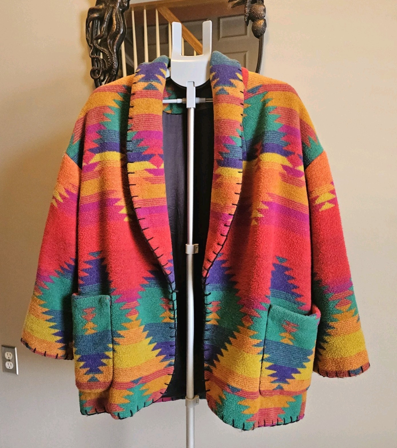 Vintage 90s Southwestern Aztec Native Wool Blanket Jacket Oversized  Whipstitch