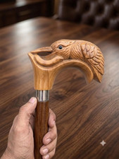 Hand Carved Wooden Walking Stick Cane Vintage Animal Bird Handle Craft Gift