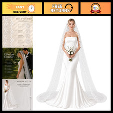 Elegant Off-White Cathedral Lace Wedding Veil, Soft Tulle Bridal Veil with Comb