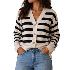 Primark Cardigan S Beige Black Striped V Neck...