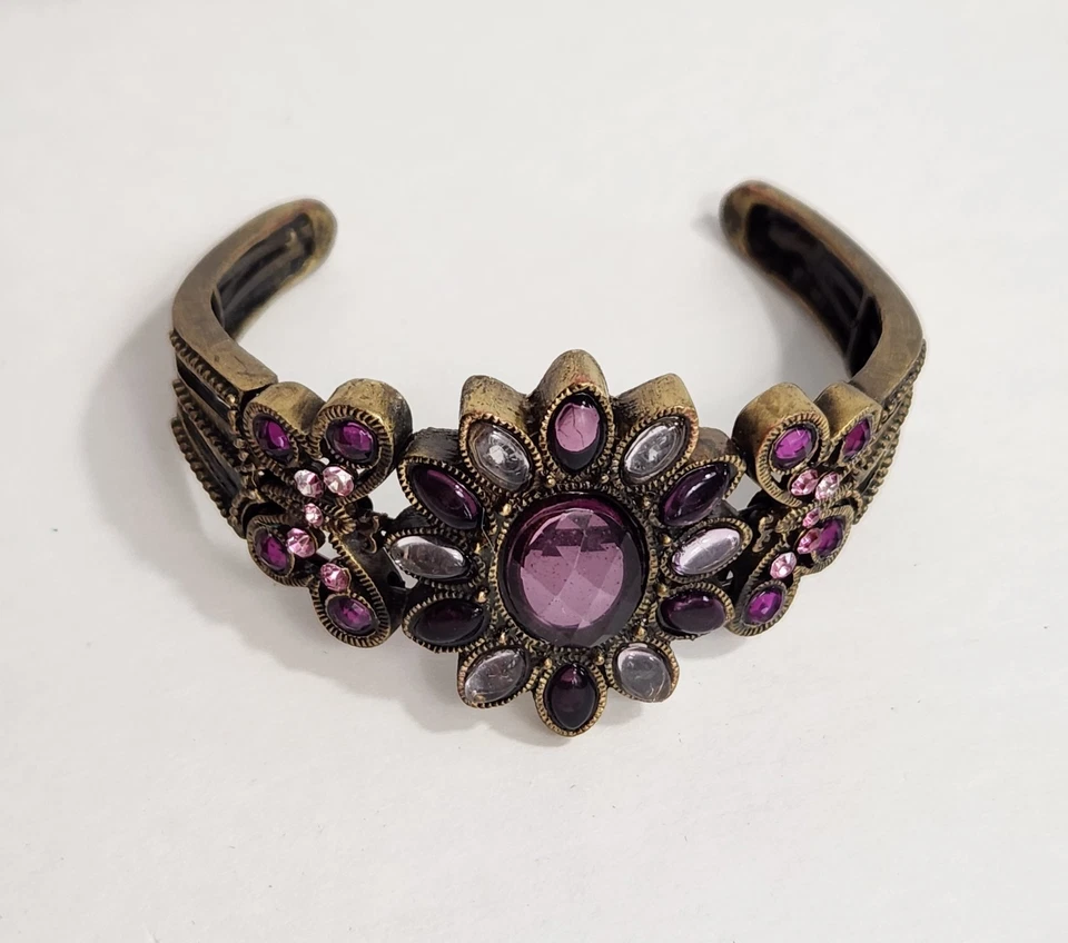 复古风格袖口手链紫色花卉图案带粉红色宝石金色阅读 — 第 2/4 张图片