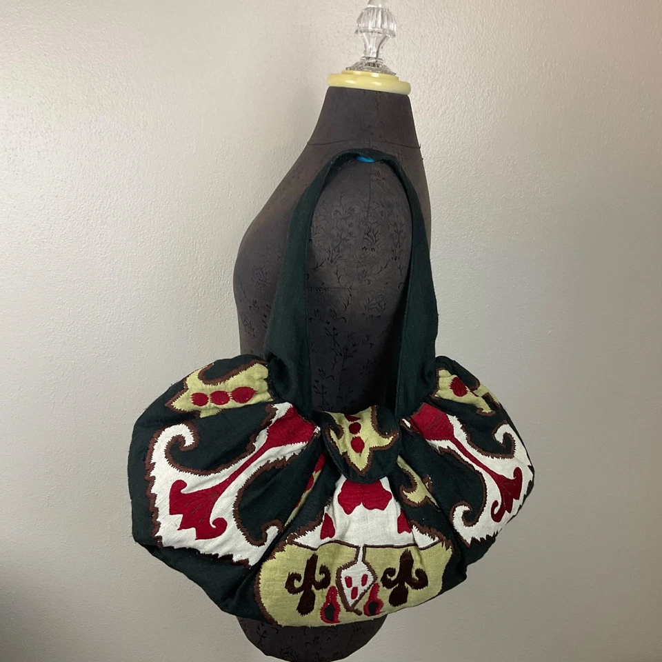 Moyna Embroidered Hobo Shoulder Bag Purse Black Red Green Gauzy Boho Hippie - Image 4 of 4