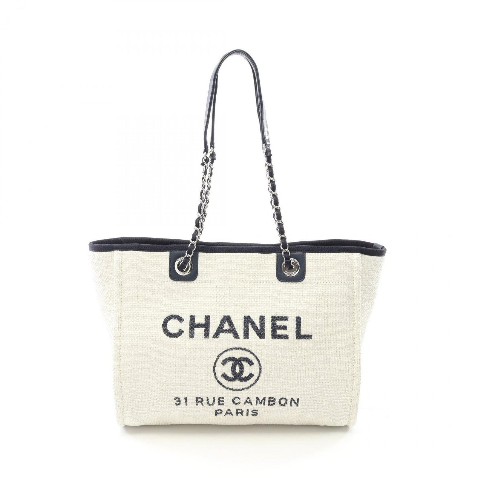 CHANEL Deauville Tote Bag in White Navy Leather Straw with Chain Shoulder Strap CC A67001 Pre-Owned