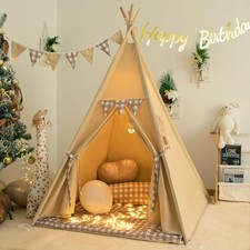 Teepee Tent with Padded Mat Bunting Banner Fairy Lights - Print Gingham Kids ...