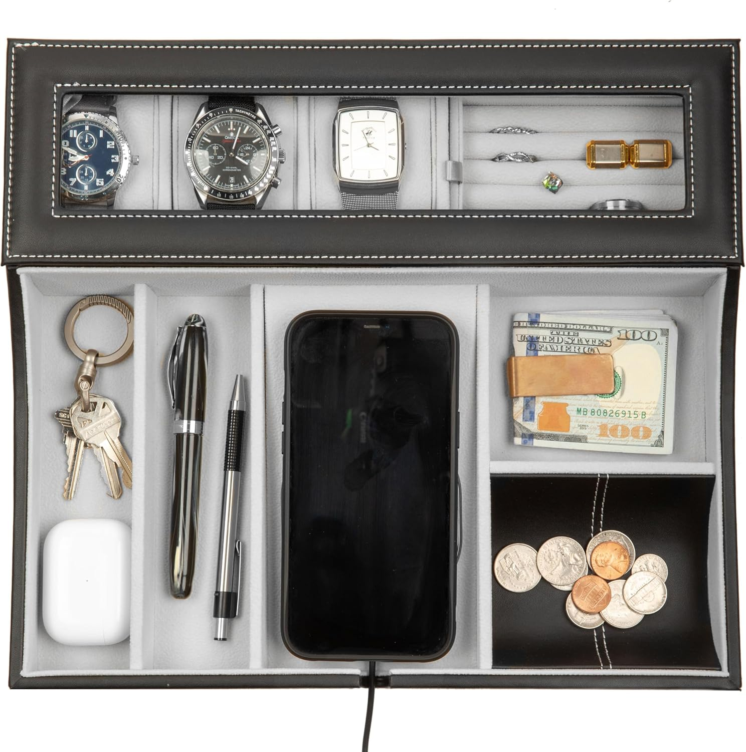 Navigator Large Dresser Valet Tray Mens Jewelry and Watch Organizer Box
