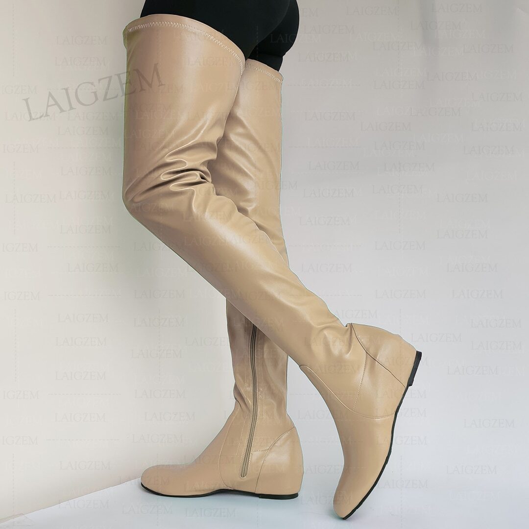 Women Thigh High Boots Faux Leather Round Toe Side Zip Mid Hidden Heels ...