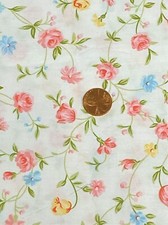 Pink Blue Flowers on White Cotton Fabric, 60", BTHY, Floral Calico Fabric,