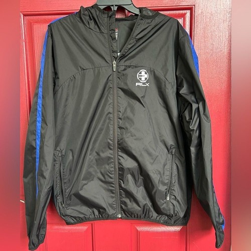 RLX Ralph Lauren Mens L black weatherproof hooded rain windbreaker jacket anorak
