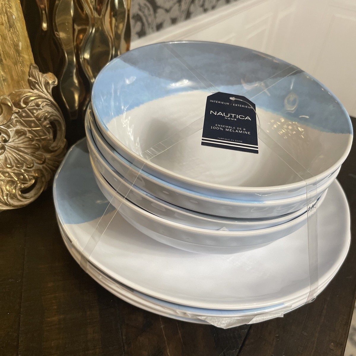 NEW Nautica Of Blue Melamine Dinner Plates Bowls Pc Set