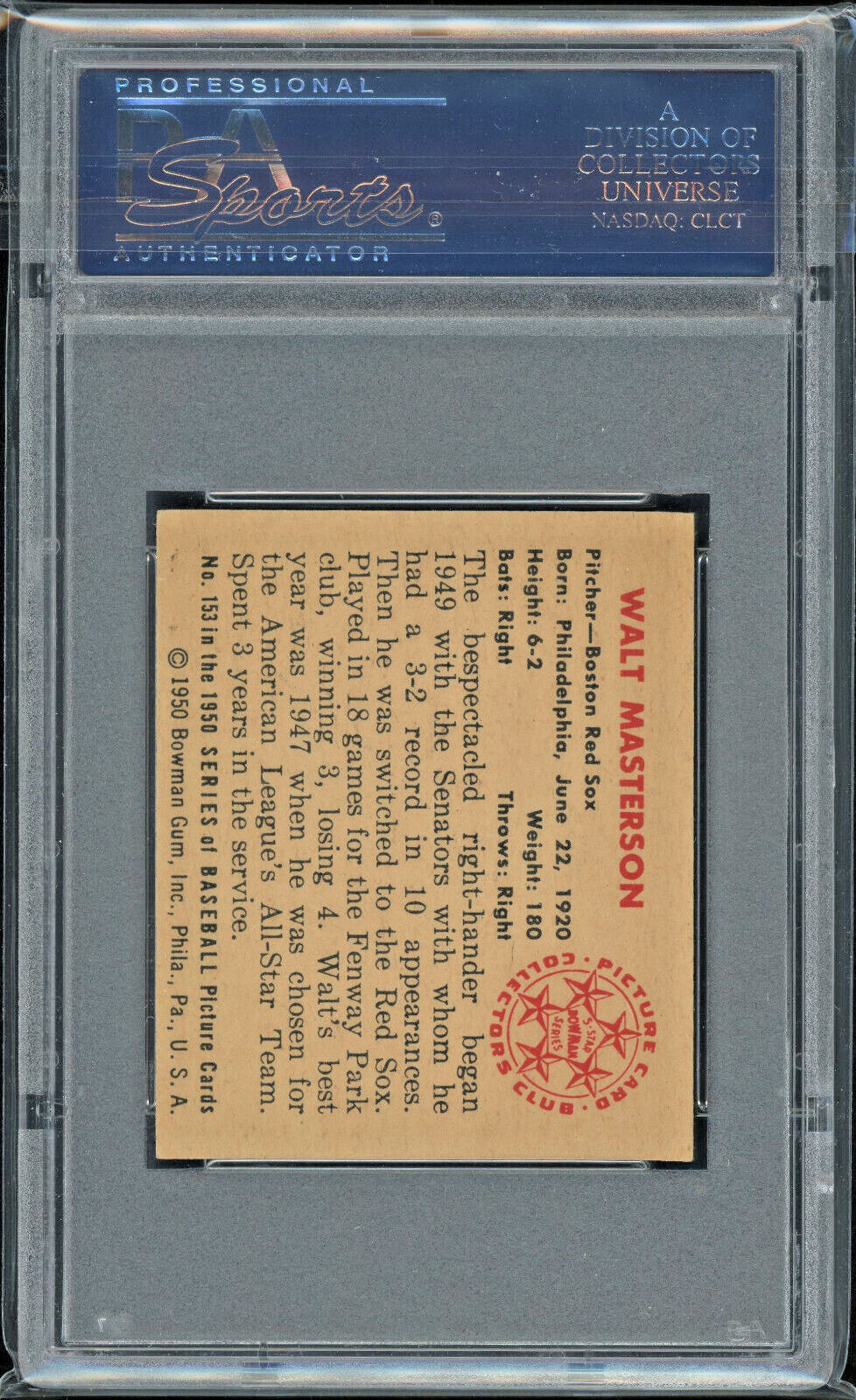 1950 Bowman #153 Walt Masterson PSA 6 Boston Red Sox Vintage Baseball Card view 2