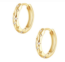 Gold Huggie Star Engraved Dainty Hoop Earrings Cubic Zirconia Celestial Huggies