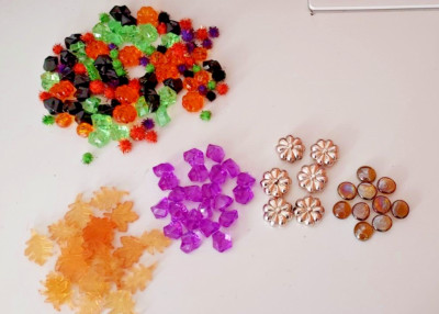 Craft Supplies Lot Pumpkins, Leafs, gem Stones, Fuzzies, Orange, Green, Purple