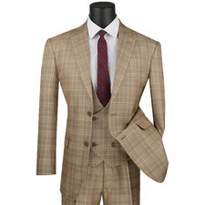 BIG  TALL Men's Beige Sharkskin Glen Plaid 3pc Classic-Fit Suit NWT
